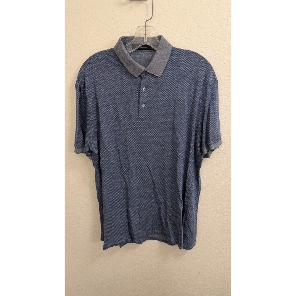 Ermenegildo Zegna Mens Blue Cotton Linen Geometric Polo Shirt Size L 52